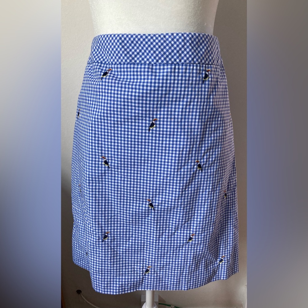 Waist 33” Talbots Blue White Gingham Cotton Check Skirt Embroidered Toucan Birds